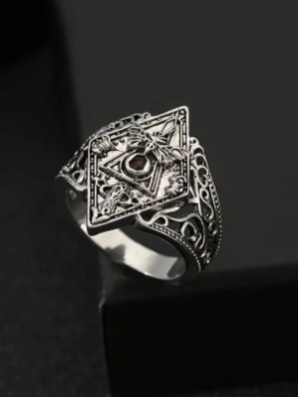 Retro Bat Rhombus Ring Gothic Copper Jewelry Brown Zirconia Stone
